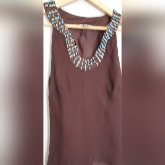💚5/$25 Caché Silk Dark Brown Beaded Embellished Sleeveless Blouse Size Medium - Picture 3 of 8